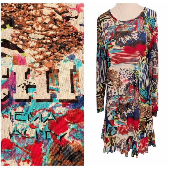 Mirror Image Womens Size S Colorful Abstract Graffiti Art Mesh Ruffle Hem Top - Picture 1 of 11